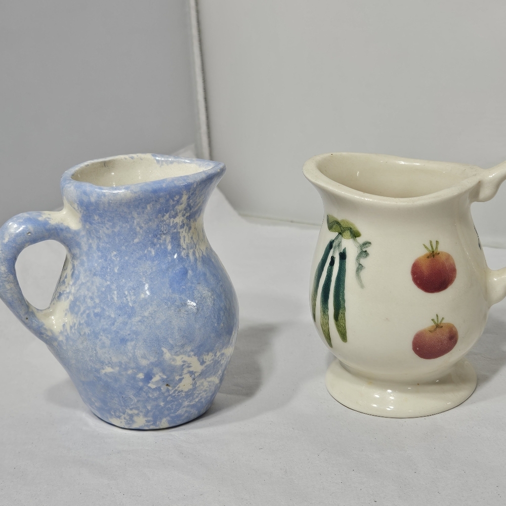 Lot of 2 Vintage Small Mini Ceramic Stoneware Creamers Blue & White Spongeware